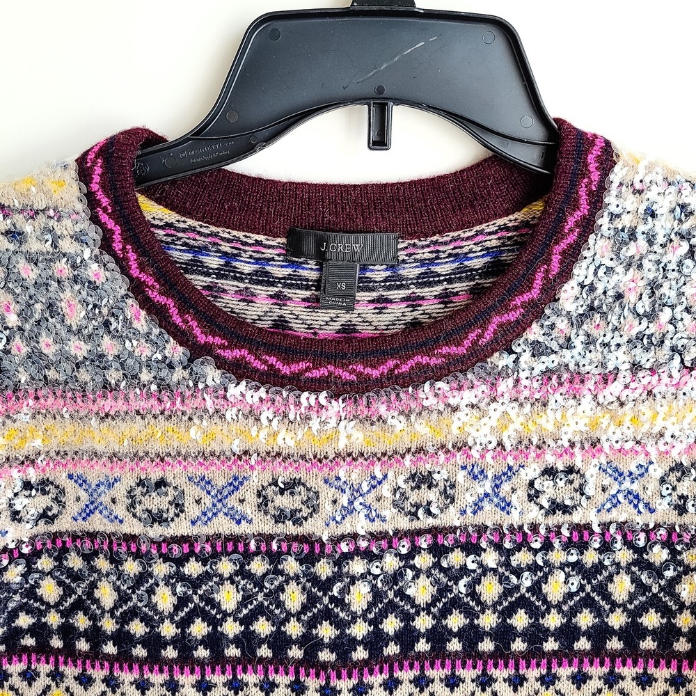 J Crew Sequin Fair Isle Lambswool Sweater Womens XS Nordic Multicolor - Picture 3 of 9